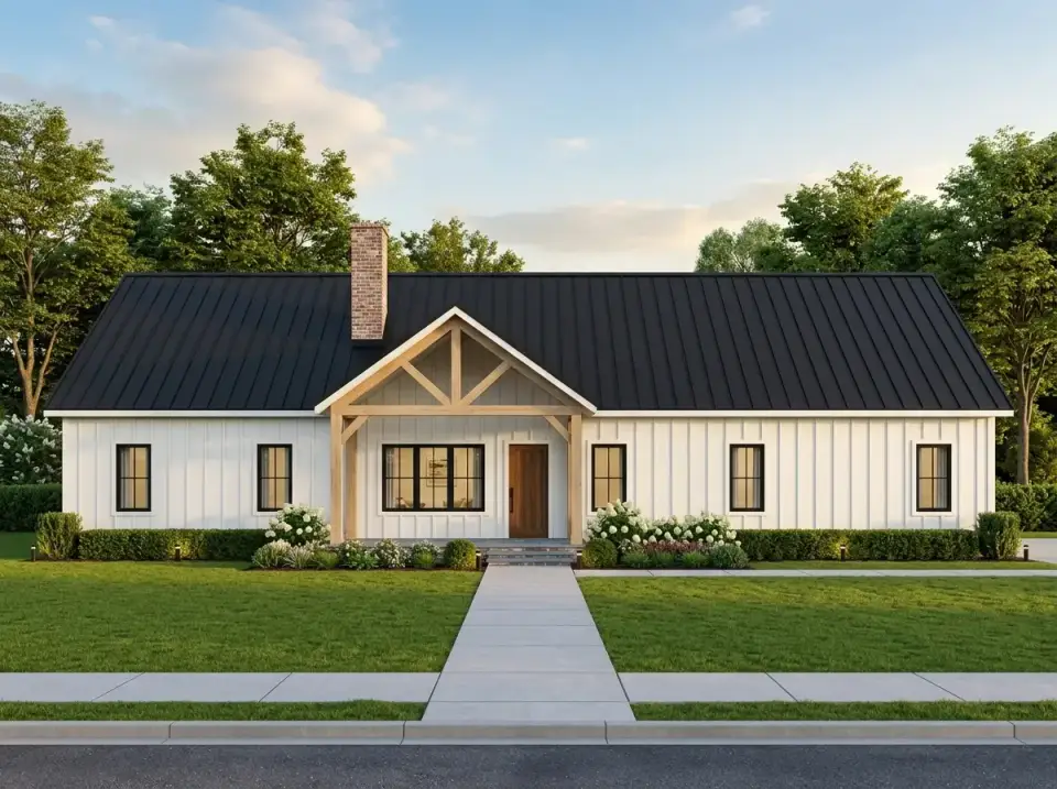 Modern farmhouse classic facade direction with white board-and-batten siding, black metal roof and symmetrical boxwood landscaping