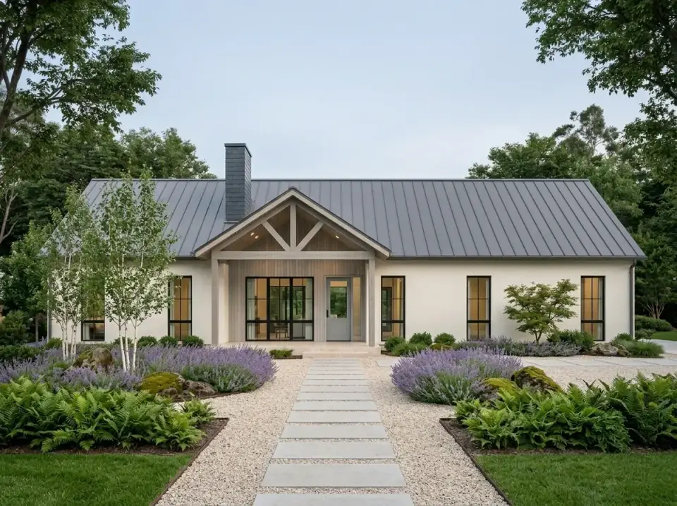 Contemporary country estate facade with cream cladding, charcoal metal roof, black window trim and lavender plantings with birch trees