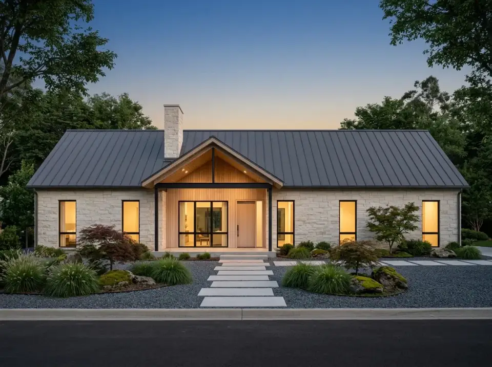 Stone modern facade direction with full-height natural stone cladding, dark metal roof and minimalist grasses landscaping