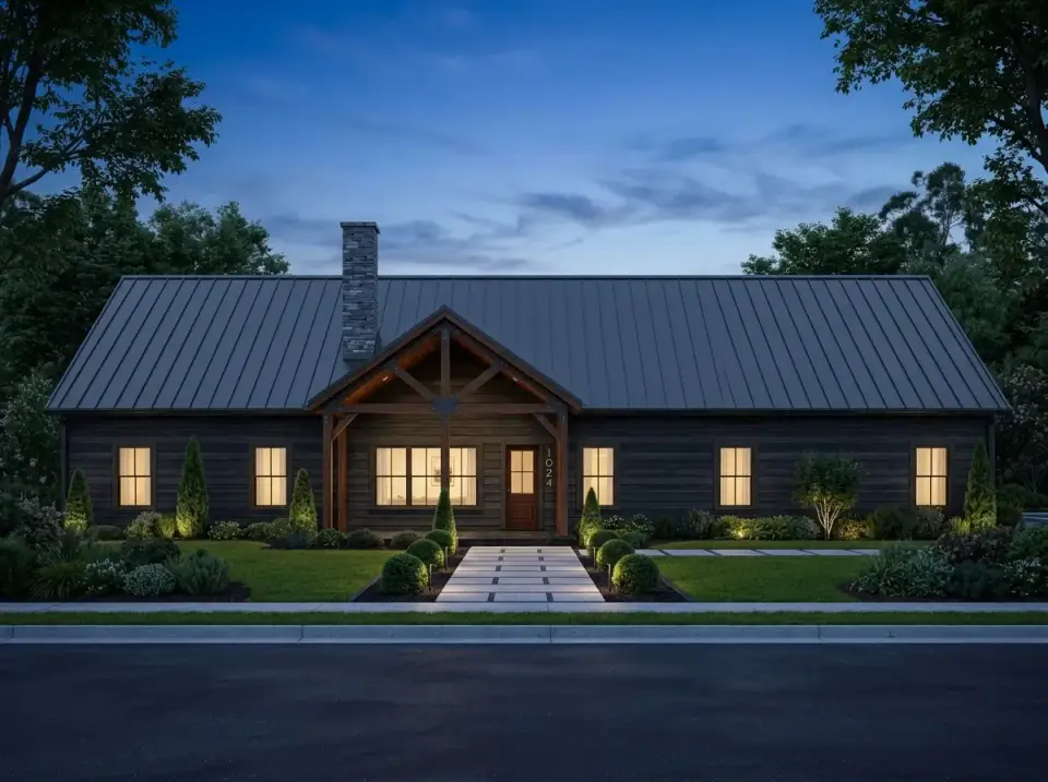 Dark timber lodge facade with dark-stained horizontal siding, stone chimney and formal boxwood plantings with path lighting