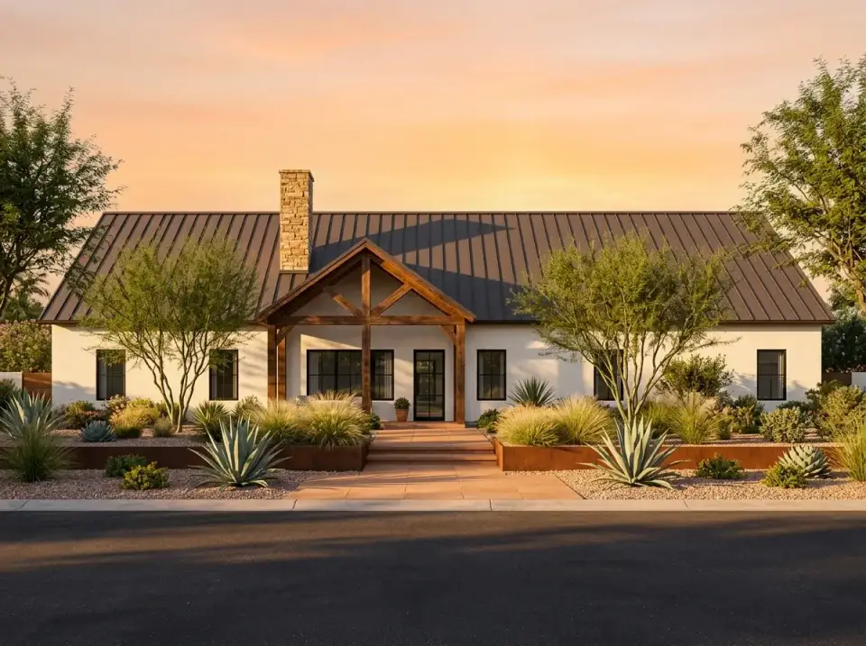 Desert barndo facade direction with white stucco, dark metal roof, rusted steel planters and drought-tolerant agave landscaping