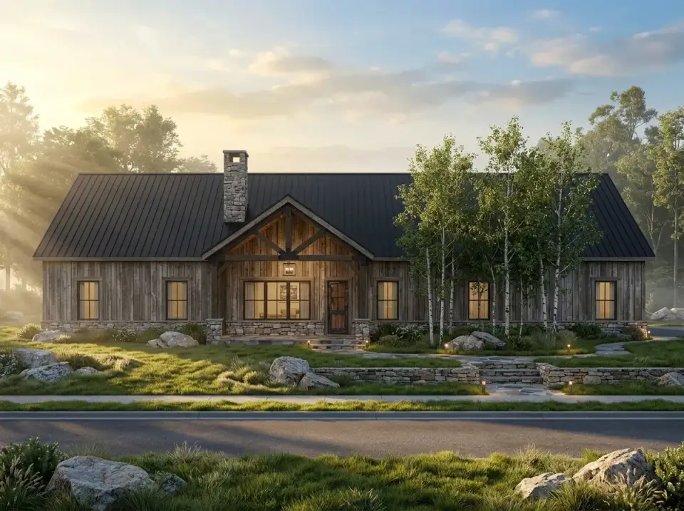 Mountain rustic facade with weathered wood siding, stone walls, dark roof, boulders, native grasses and birch stands