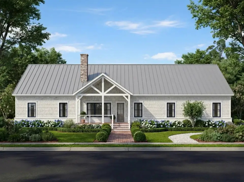 Traditional painted brick facade with white timber trusses, gray metal roof, hydrangea hedges and brick paving