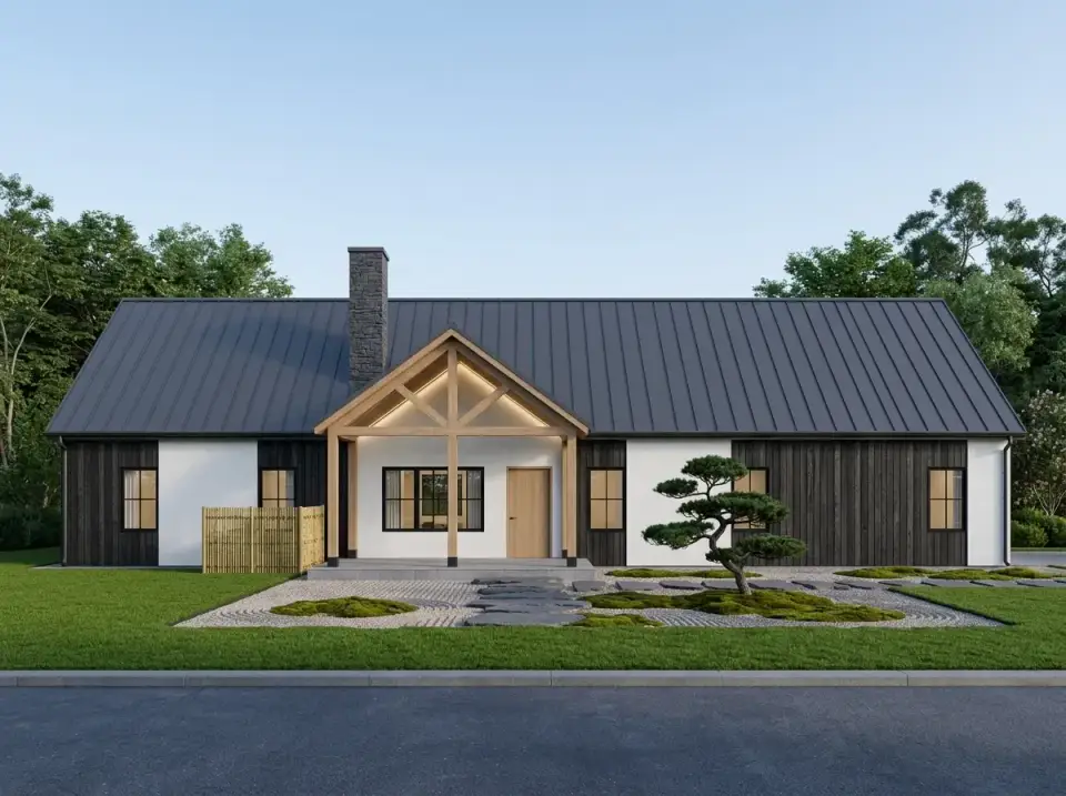 Japandi organic facade with white plaster, dark vertical siding, black metal roof, light wood trusses and raked gravel garden