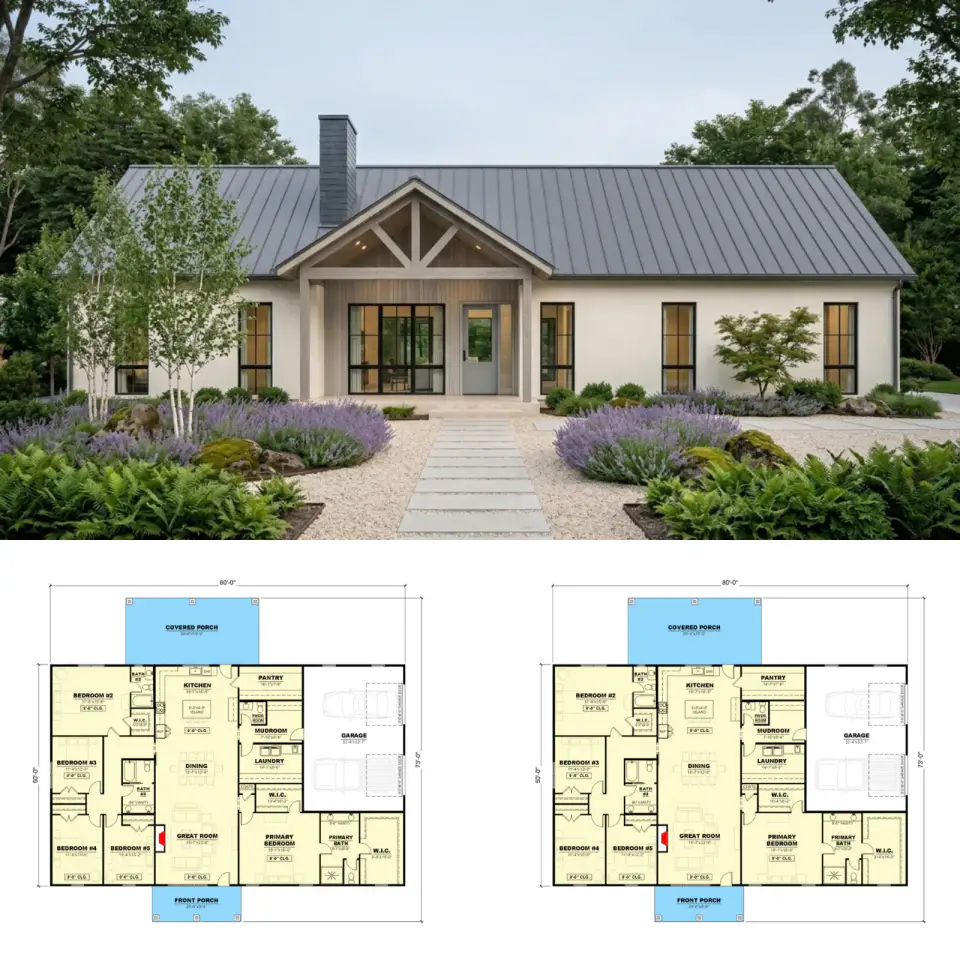 Spacious 5-Bedroom Country Barndominium with Split Layout (3,235 Sq Ft)