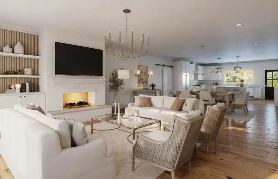 Open-concept great room with fireplace wall, built-in shelving and 9-foot ceilings on a 5-bedroom barndominium plan