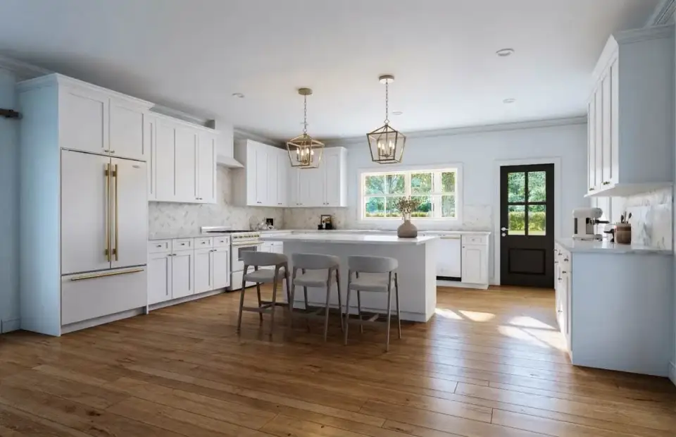Dining area between the great room and kitchen with hardwood flooring on a single-story barndominium plan