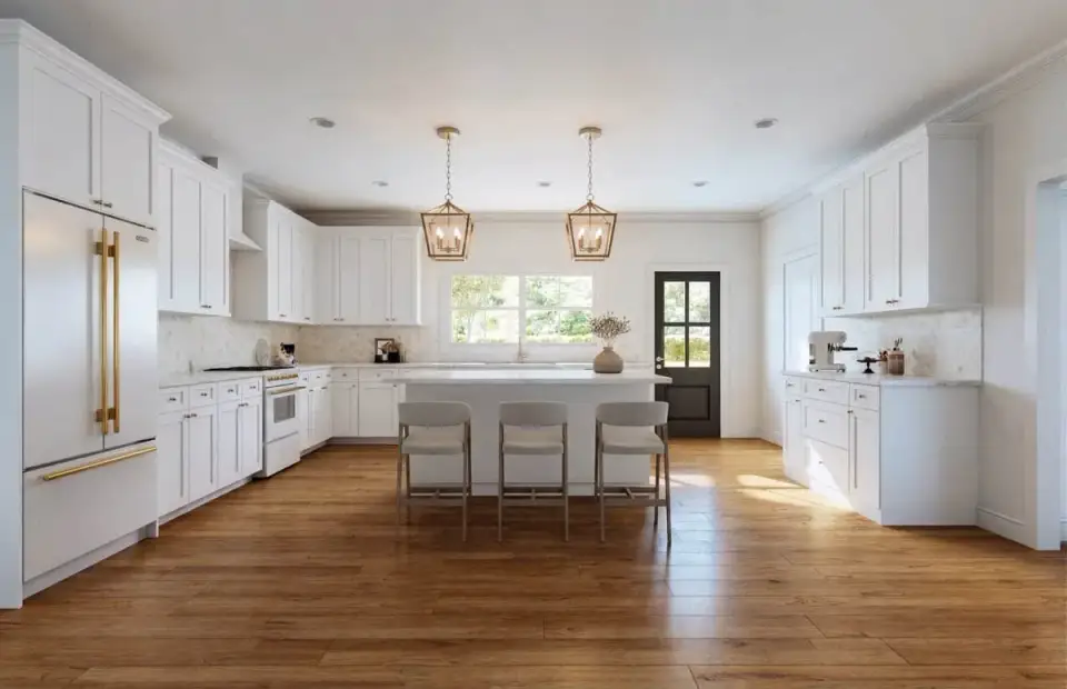 Linear sequence of great room, dining area and kitchen with hardwood flooring throughout the main living areas