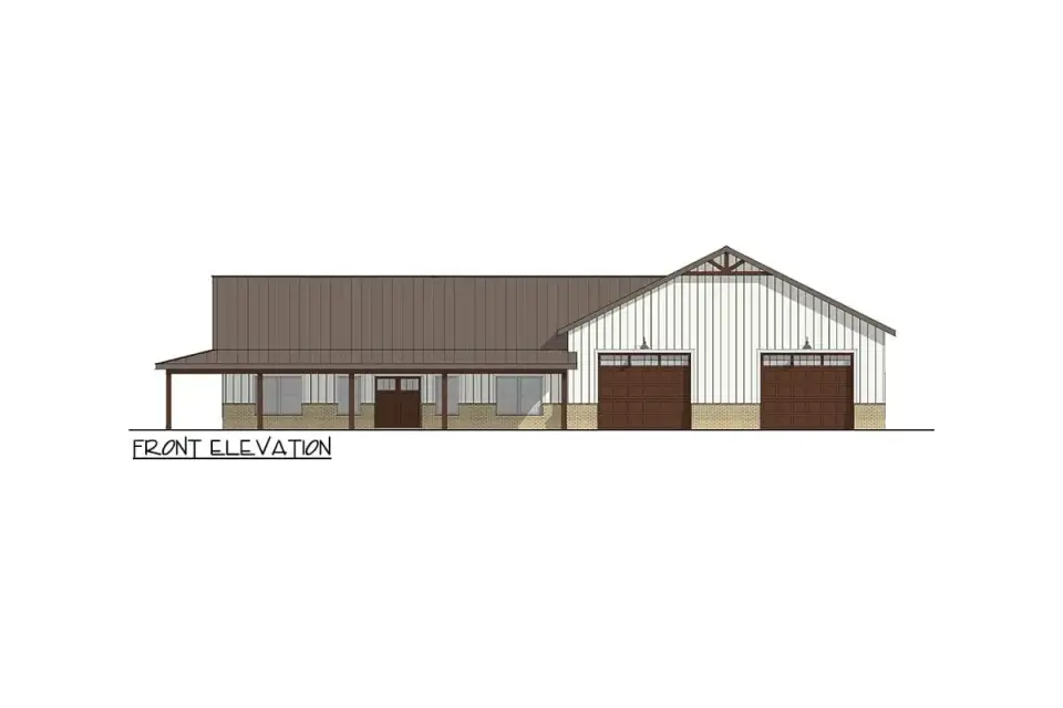 Front elevation of barndominium showing residential wing beside the shop-garage gable