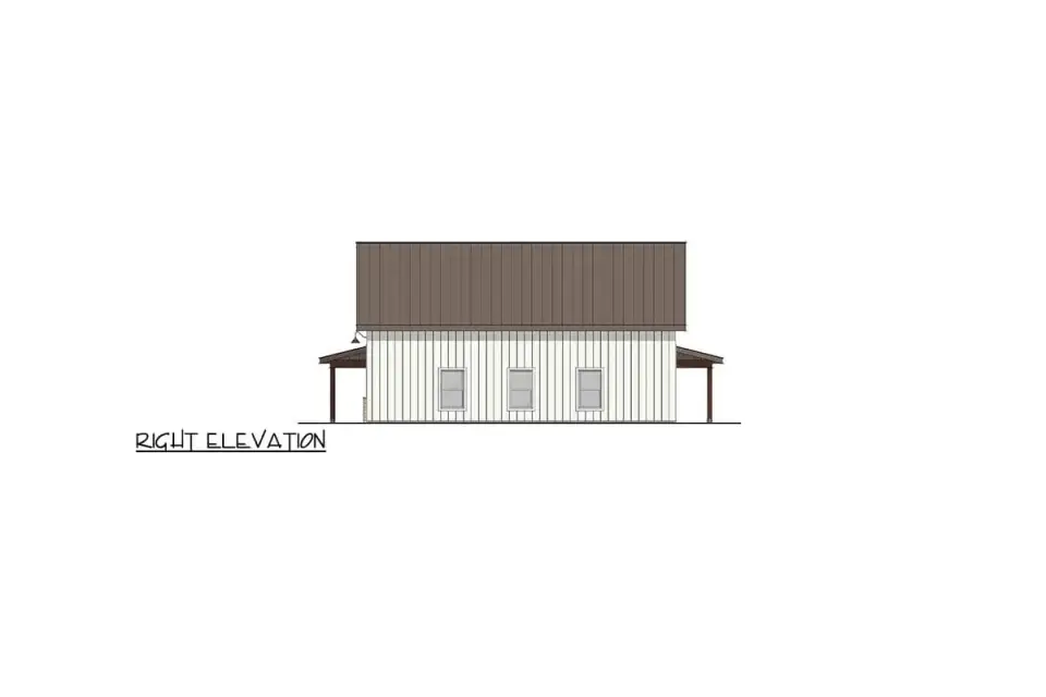 Barndominium elevation with vertical siding and rhythmic window placement