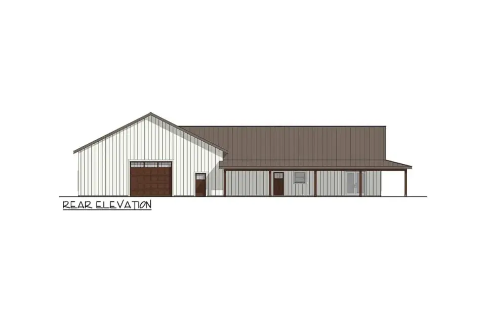 Rear elevation of barndominium with secondary shop door and service entry