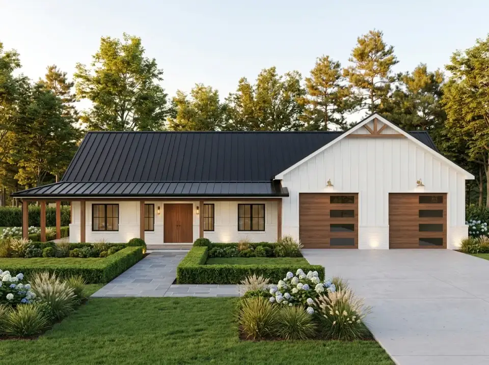 Barndominium in classic modern farmhouse style with white siding and black metal roof