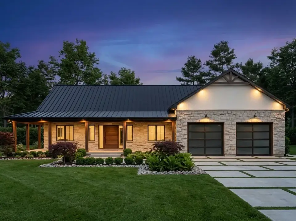 Barndominium clad in full stone with twilight uplighting for a rustic-luxury look