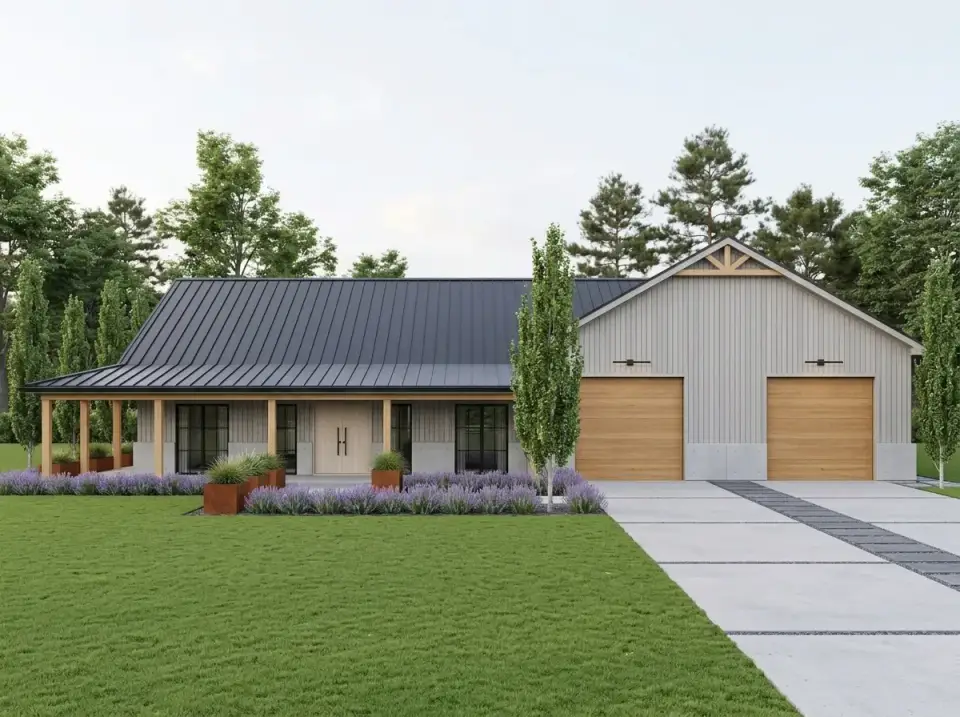 Barndominium in Scandinavian minimalist style with light gray siding and wood doors