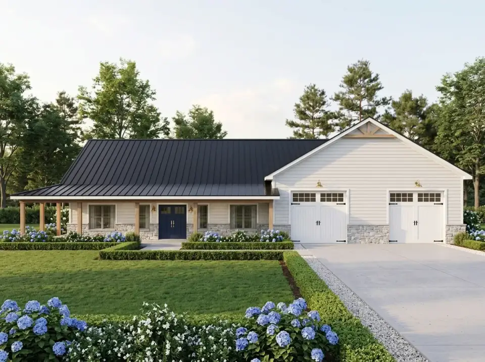 Barndominium styled as traditional Cape Cod with white clapboard and stone wainscot