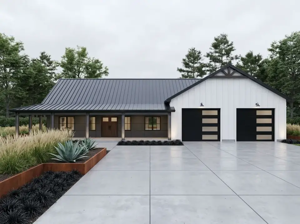 Barndominium in contemporary industrial style with charcoal siding and xeriscape planting