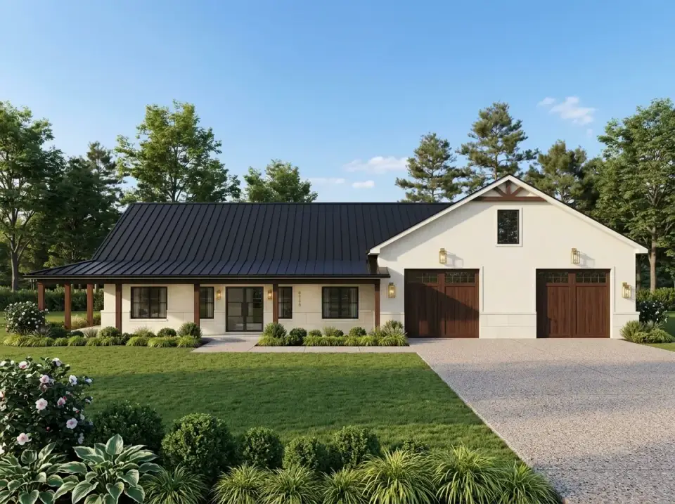 Barndominium in transitional refined style with cream siding and dark wood doors