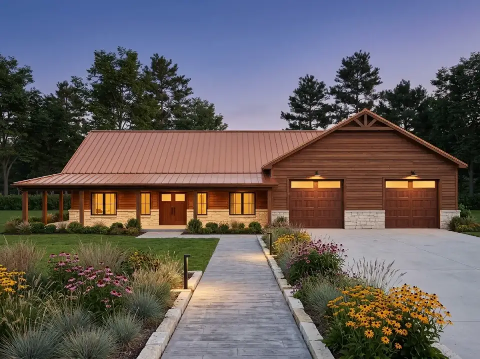 Barndominium as rustic mountain lodge with cedar siding, copper-toned roof, and stone base