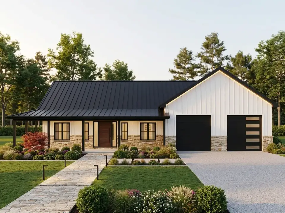 Barndominium as modern farmhouse with board-and-batten over continuous stone wainscot