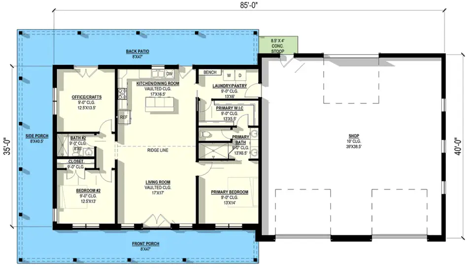 Barndominium main level floor plan with vaulted open living, split bedrooms, and attached shop