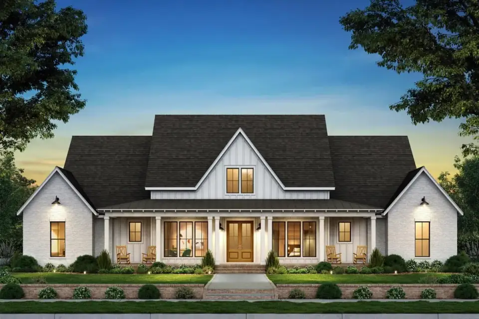 Plan 56549SM front elevation — symmetrical modern farmhouse with white painted brick base, central gable with board-and-batten, flanking smaller gables over secondary bedroom wings, black Marvin-profile windows, gooseneck sconces, and dark metal roof accents