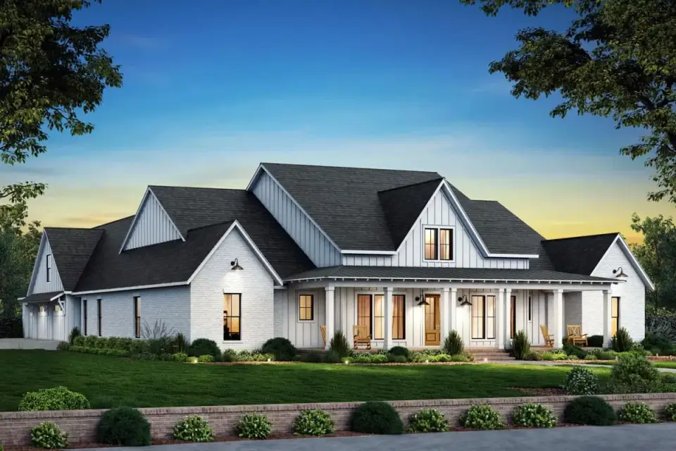 Plan 56549SM angled three-quarter front view showing wrap-around covered porch, square porch columns, and integrated 3-car side-entry garage