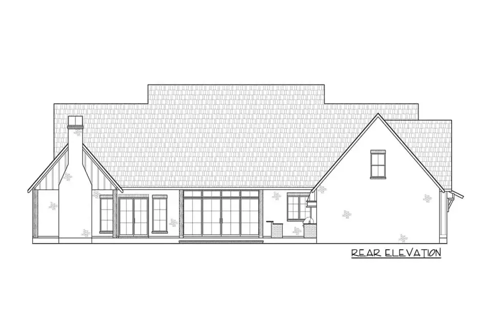 Plan 56549SM rear elevation showing expansive covered porch, outdoor kitchen location, and sliding door connection to great room and dining area