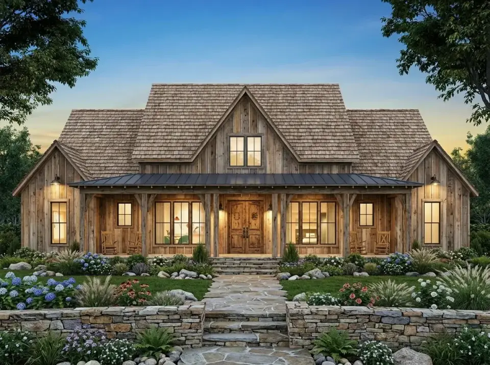 Plan 56549SM facade variation 2 — weathered natural wood siding with stone veneer foundation, cedar shake roof, rough-hewn timber porch columns, rustic double wood front door, flagstone pathway with hydrangeas and ferns