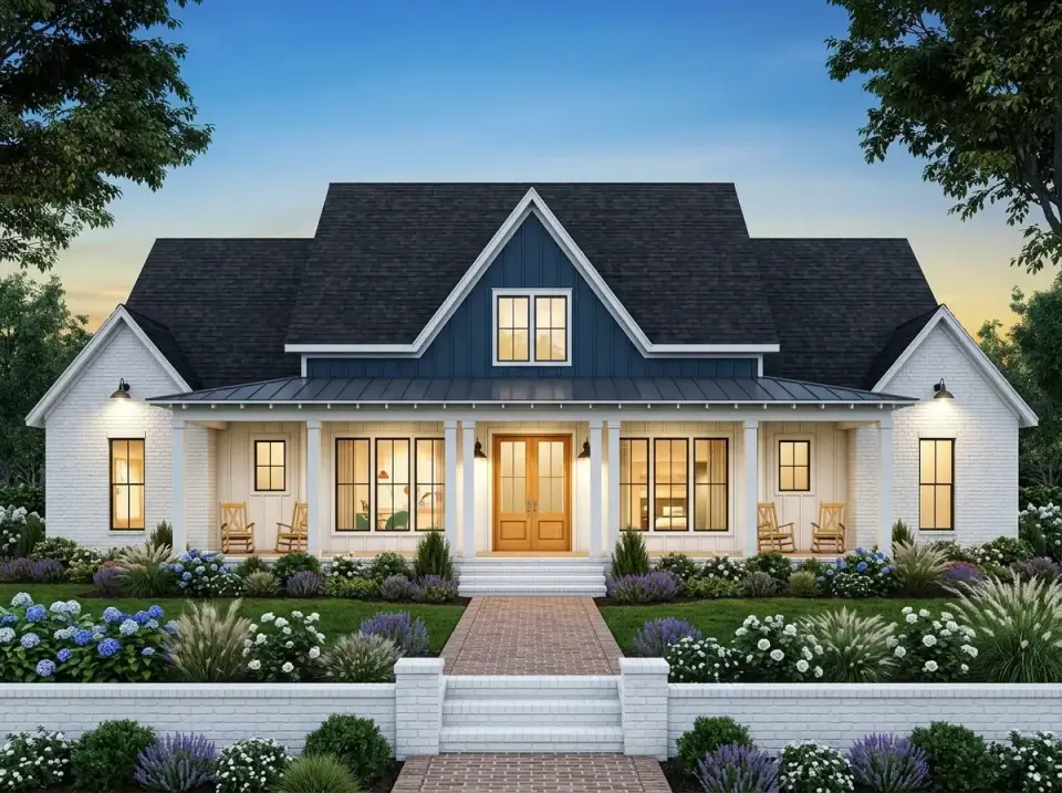 Plan 56549SM facade variation 3 — white painted brick main body with deep navy blue board-and-batten central gable, white window frames, light oak double front door, dark charcoal metal roof accents, and classic coastal landscape with blue and white hydrangeas