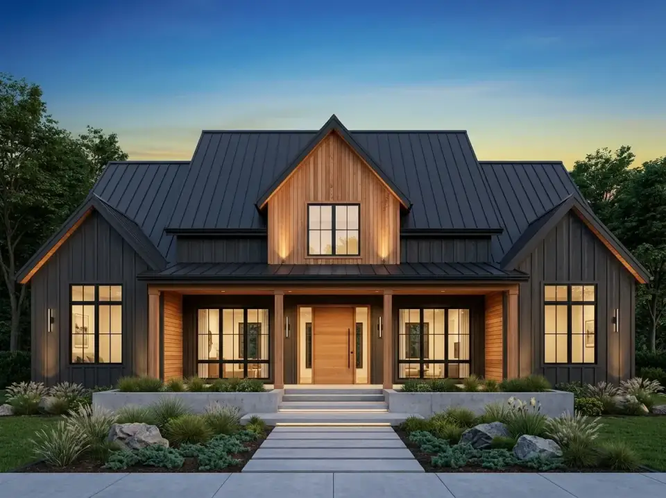 Plan 56549SM facade variation 4 — dark charcoal vertical Hardie siding with natural cedar wood accents in central gable and porch structure, black window frames and metal roof, architectural concrete retaining walls, integrated LED step lighting, agave and grass landscaping