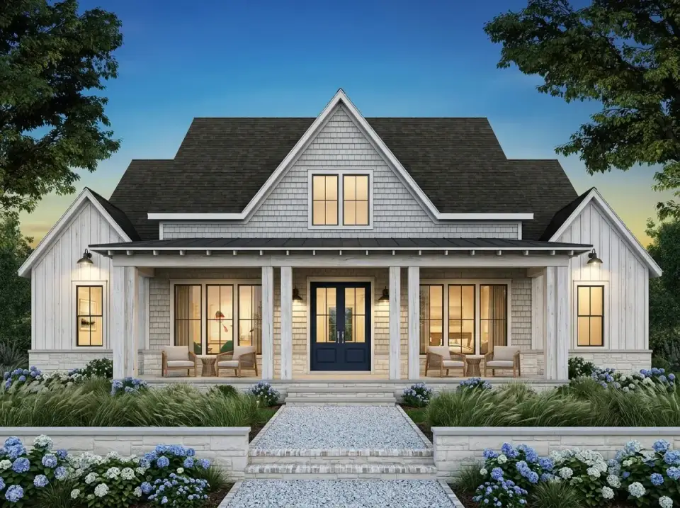 Plan 56549SM facade variation 5 — light grey cedar shake siding with crisp white trim and columns, light grey stone veneer foundation, deep navy blue painted front door, gravel driveway with brick edging, abundant hydrangea plantings