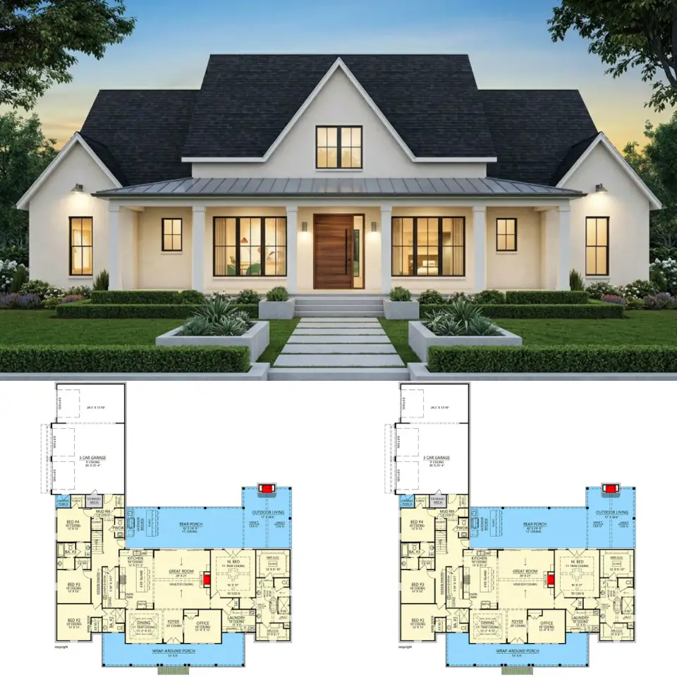 Symmetrical Modern Farmhouse with Expansive Porches - 3292 Sq Ft