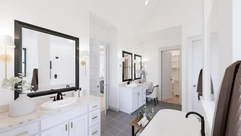 Plan 56549SM Jack-and-Jill secondary bathroom between two bedrooms with shared dual vanity and separated toilet/shower compartments