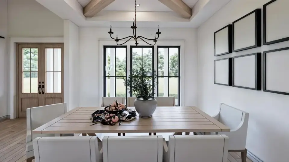 Plan 56549SM dining area adjacent to kitchen with black pendant lights and large rear-facing windows