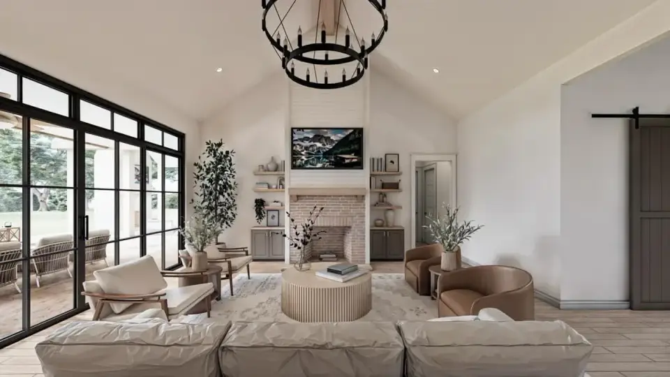 Plan 56549SM primary suite with tray ceiling, large windows, and hardwood flooring