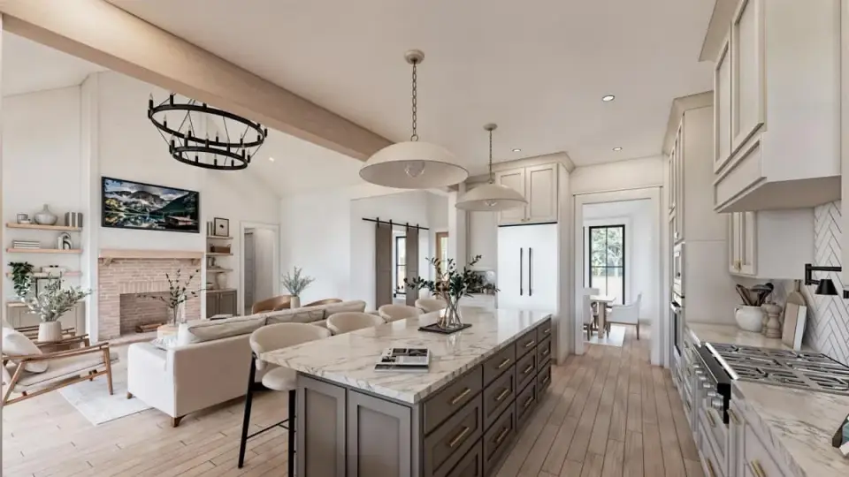 Plan 56549SM primary bathroom with separate vanities, freestanding soaking tub, and large glass-enclosed walk-in shower
