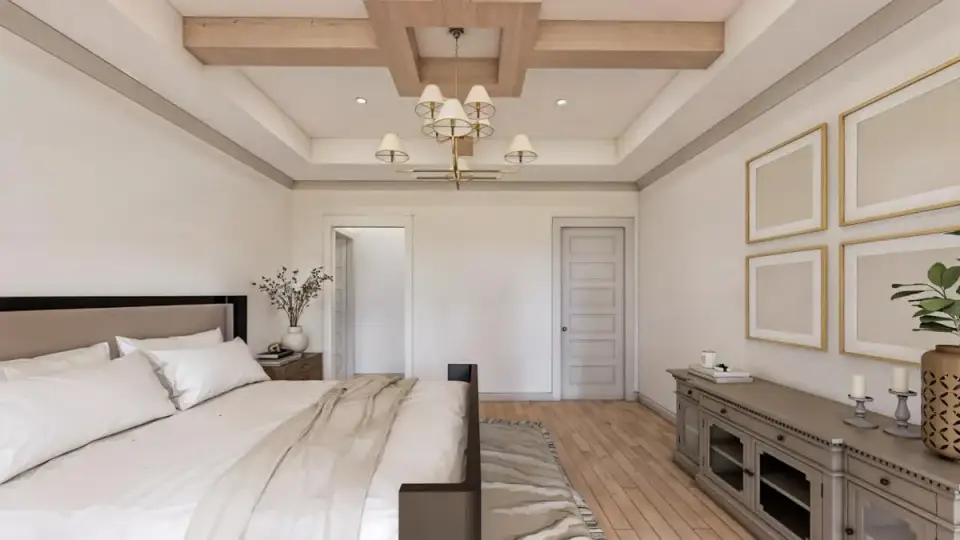 Plan 56549SM secondary bedroom with dormer window seating and sliding barn door closet