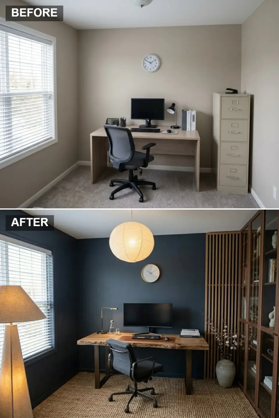 Japandi home office makeover with deep navy walls and live-edge wood desk