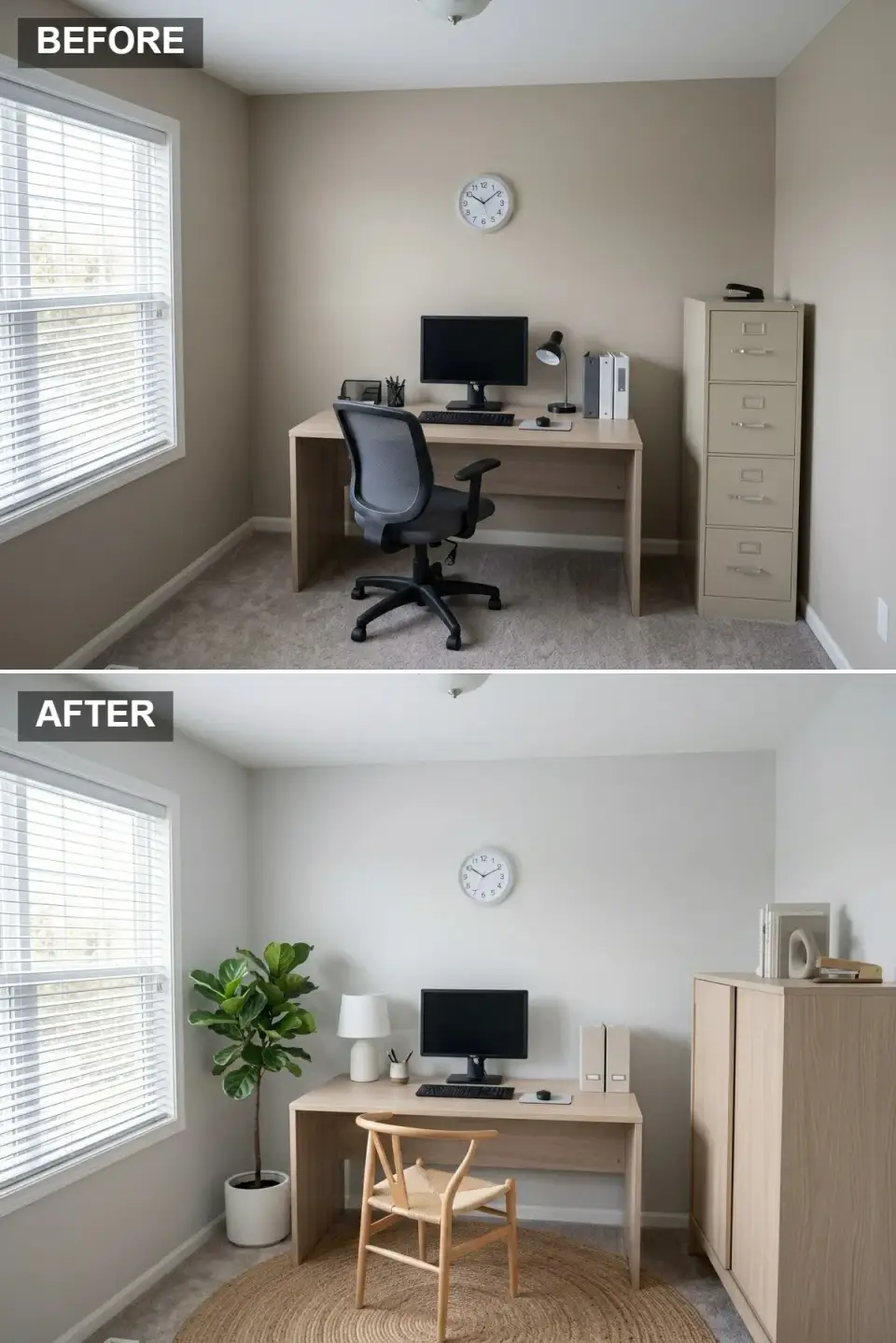 Scandi home office with light wood furniture and round jute rug