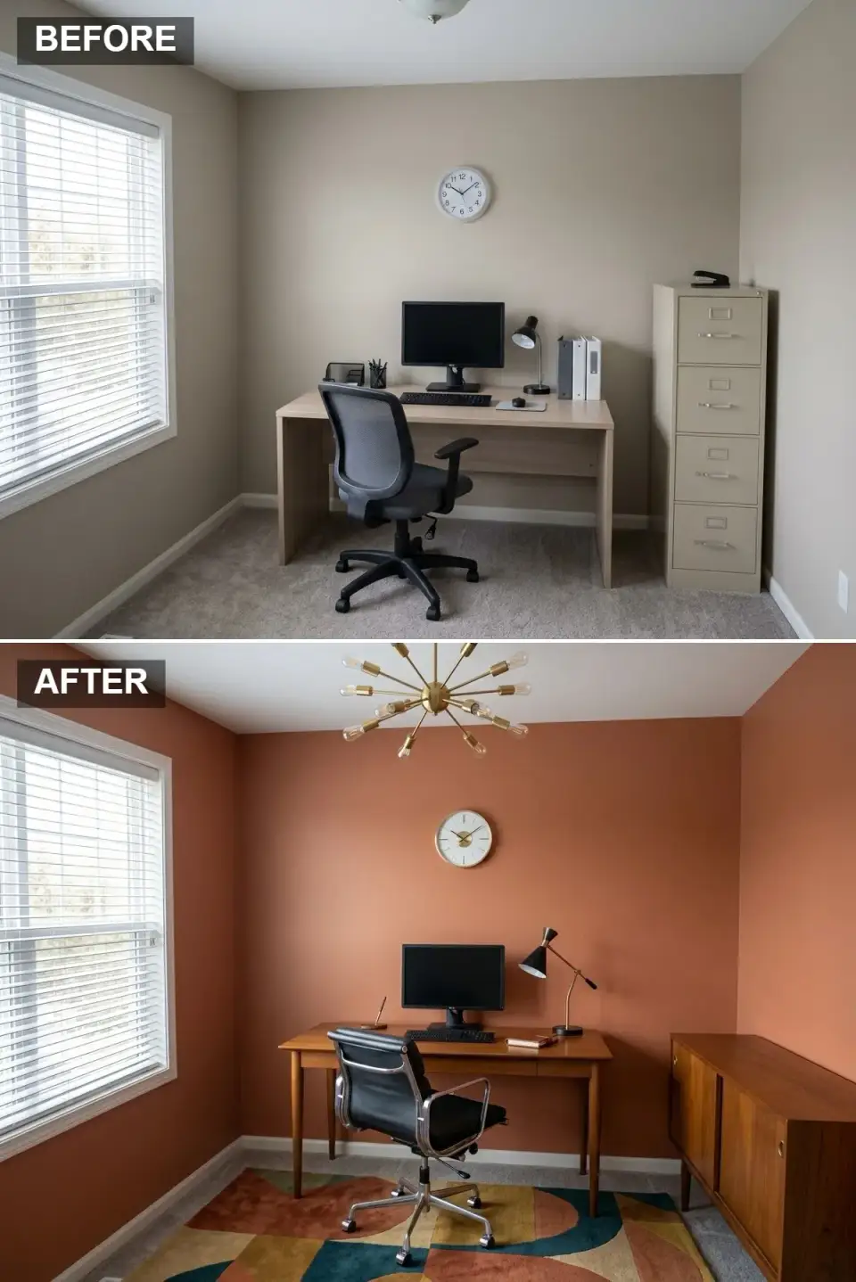 Retro mid-century home office with terracotta walls and sputnik chandelier