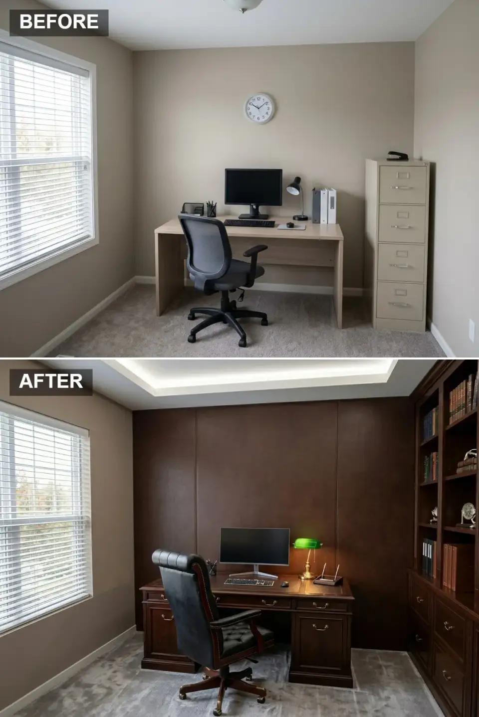 Executive home office with leather wall panels and tray ceiling