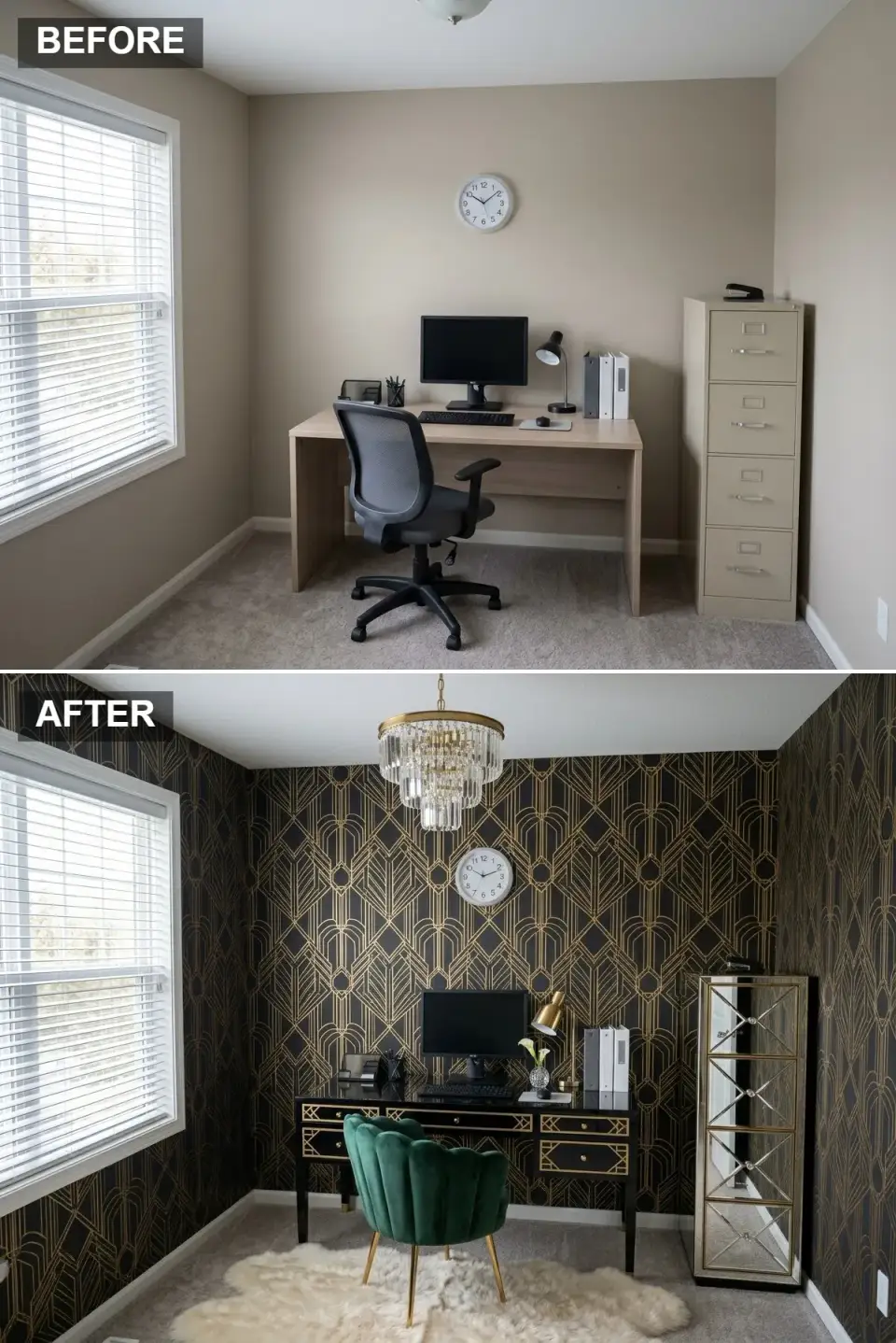 Art Deco home office with black and gold geometric wallpaper and emerald velvet chair