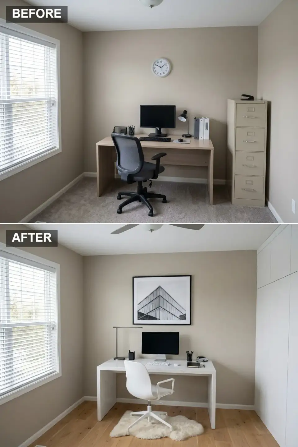 Minimalist white home office makeover with built-in cabinets and waterfall desk