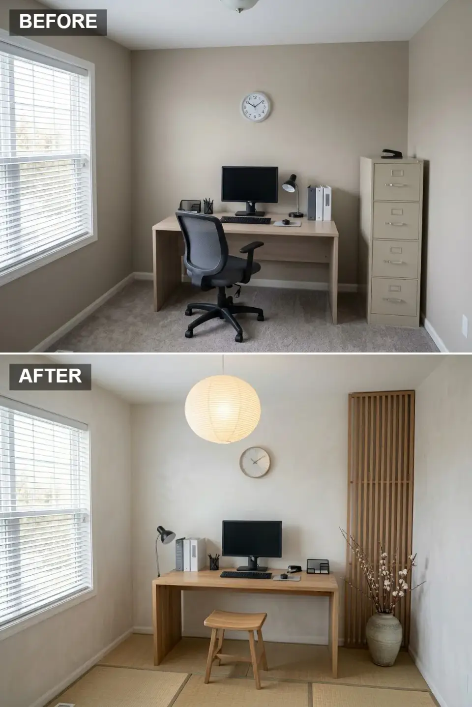 Zen Japandi home office with tatami mats and lime-wash walls