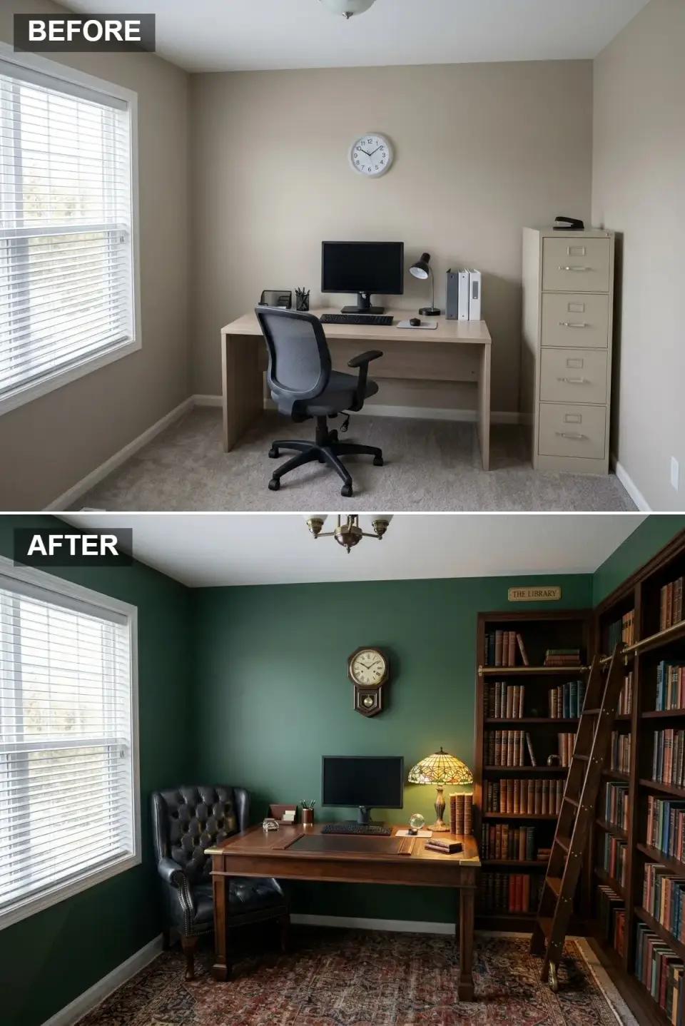 Classic library home office with hunter green walls and floor-to-ceiling bookshelves