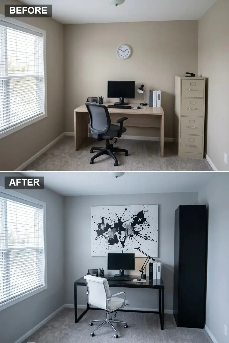 Monochrome black and white modern home office with marble desk