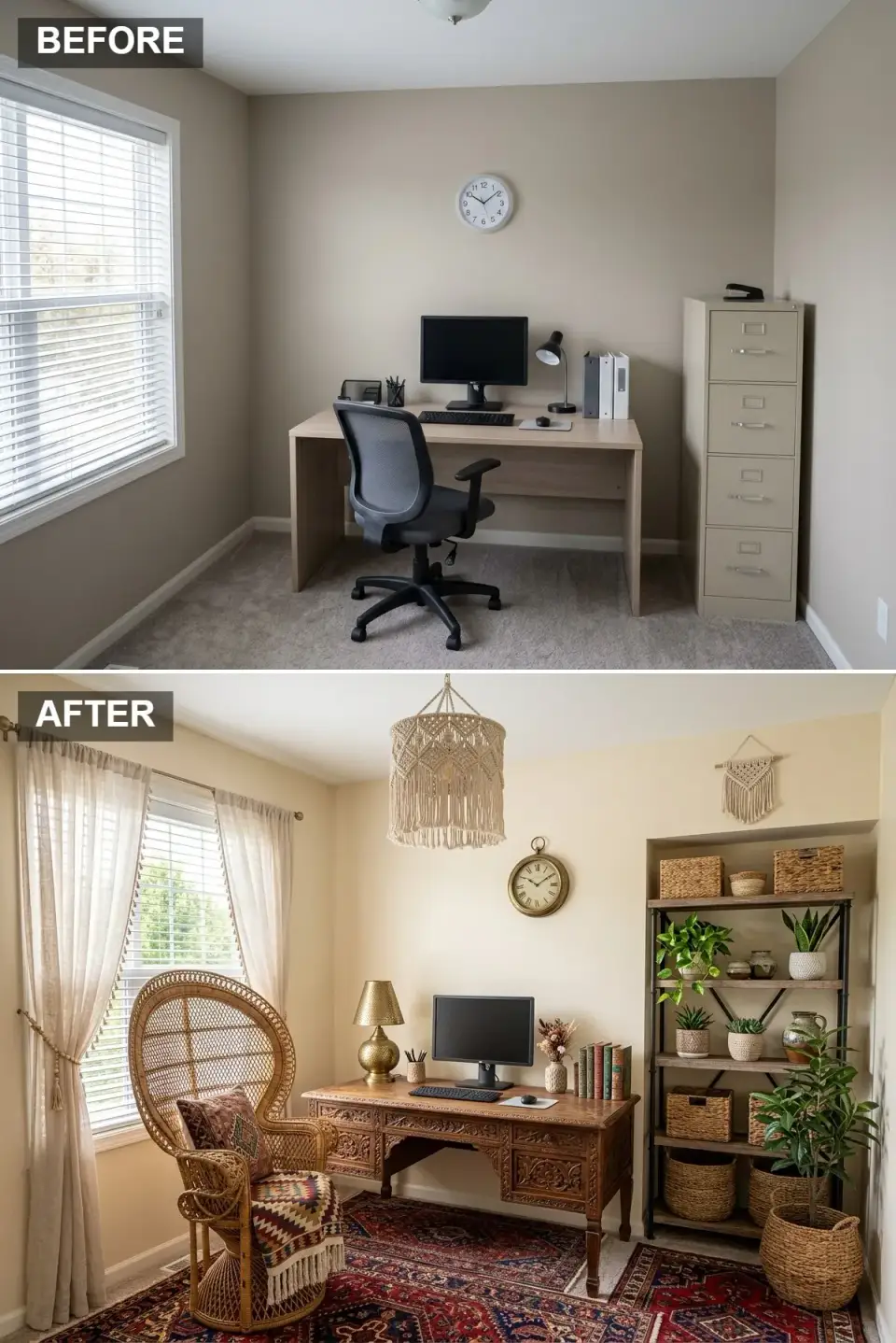 Bohemian home office with peacock chair, layered rugs, and houseplants