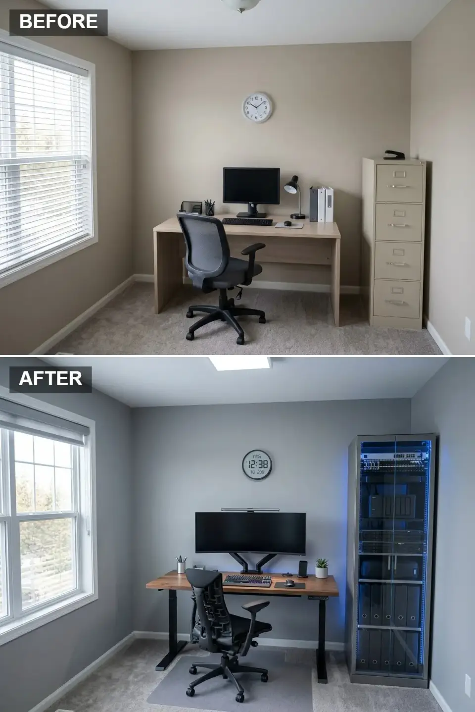 High-tech modern home office setup with sit-stand desk and ultra-wide monitor