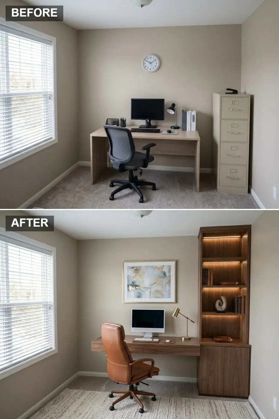 Mid-century modern home office with built-in walnut desk and tan leather chair