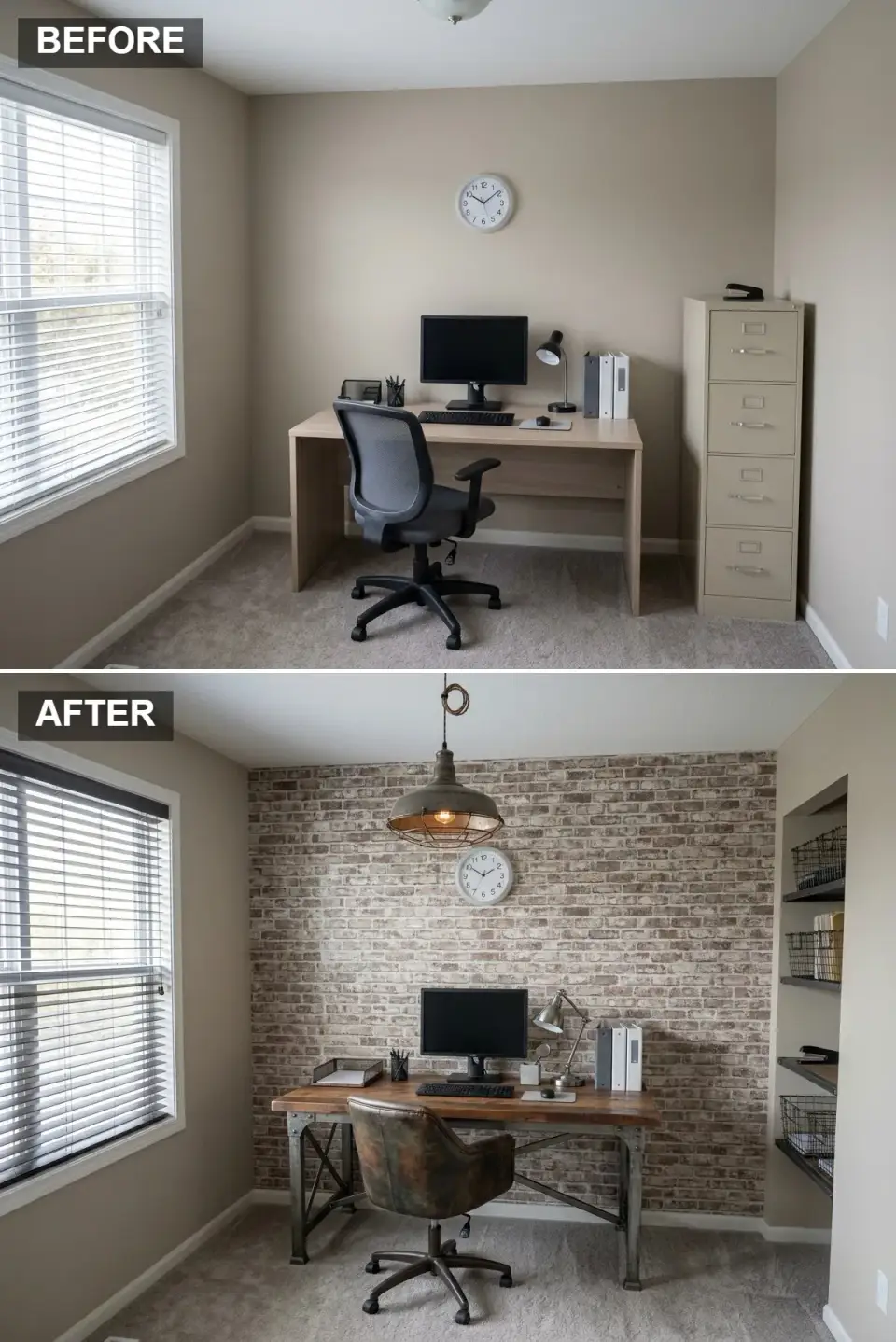 Industrial home office with exposed brick wall and reclaimed wood desk